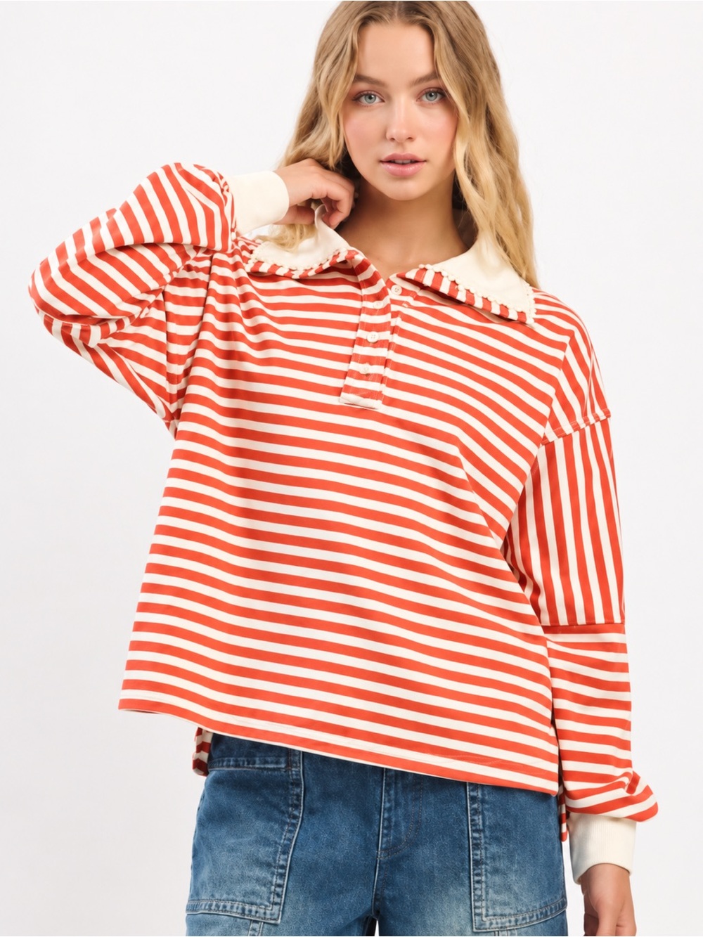 mittoshop Orange and Cream Striped Polo Collar Long Sleeve Top